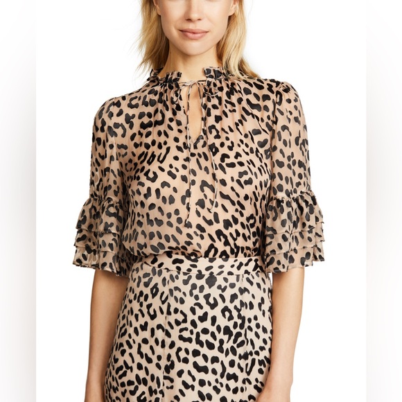 ALICE + OLIVIA- Animal Print Tie Neck Blouse - Picture 1 of 12